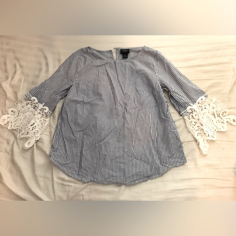 Liz Claiborne Blue and White Striped Blouse with Lace Sleeves and Button on Back